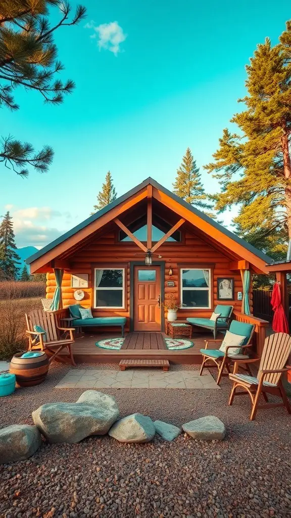 29+ Cozy Cabin Trip Ideas for Your Perfect Getaway 14 A cozy log cabin with a welcoming porch, surrounded by trees and a clear blue sky.