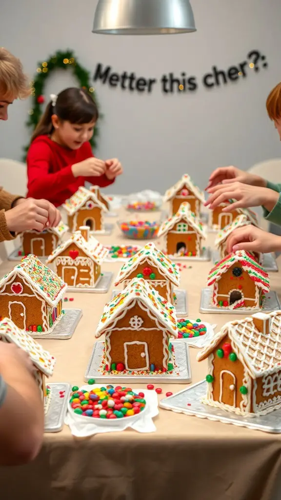 27+ Creative Christmas Party Ideas for Adults 12 A festive table with decorated gingerbread houses and people engaged in decorating.