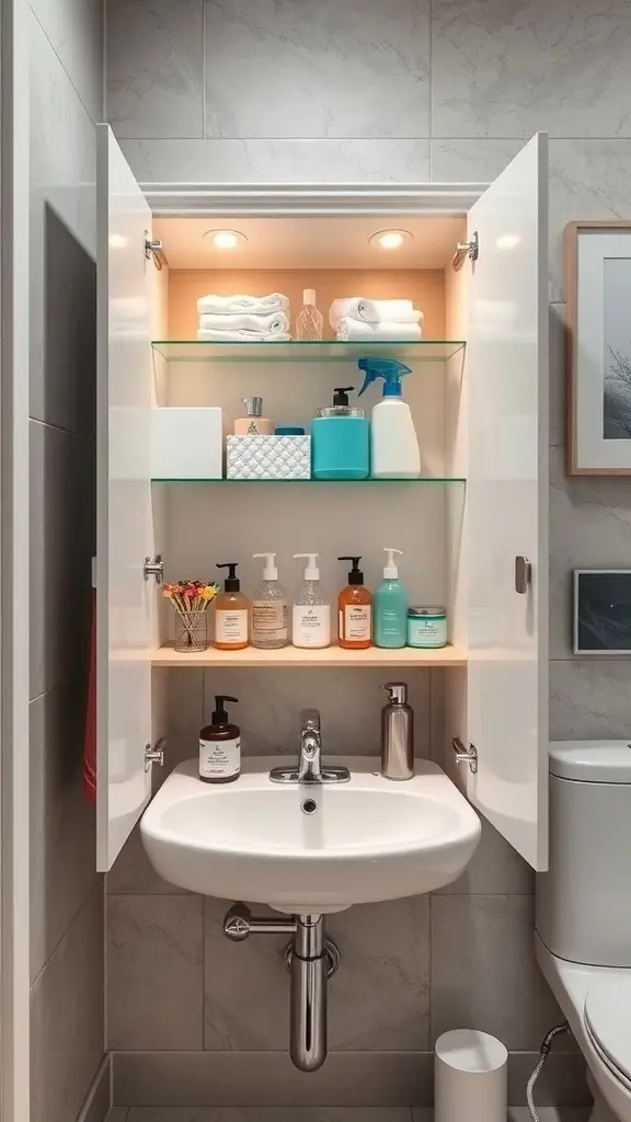 25+ Clever Hidden Storage Ideas for Your Bathroom 9 Under-sink cabinet with neatly arranged toiletries and towels