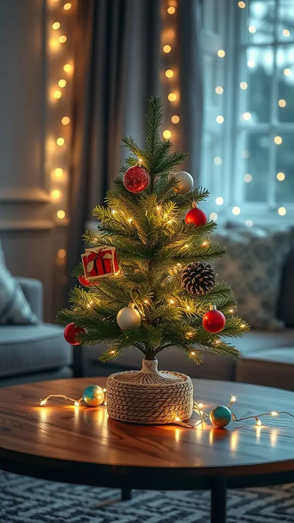 25+ Creative Christmas Coffee Table Decor Ideas to Elevate Your Holiday Style 3 A mini Christmas tree with fairy lights and colorful ornaments on a coffee table, surrounded by small decorations.