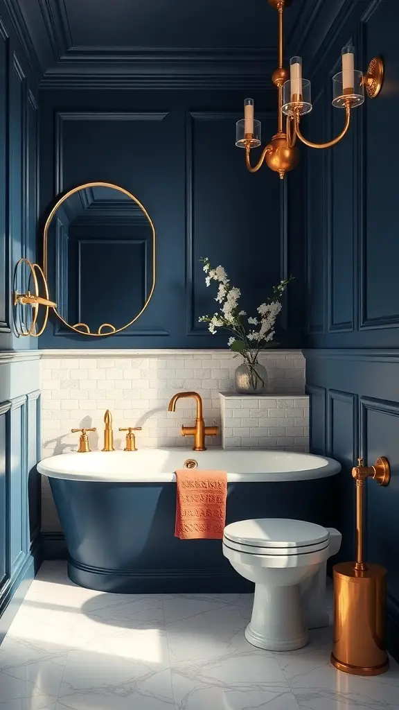 27+ Stunning Bathroom Paint Colors to Transform Your Space 11 A luxurious bathroom featuring rich navy blue walls, gold fixtures, and white tiles.