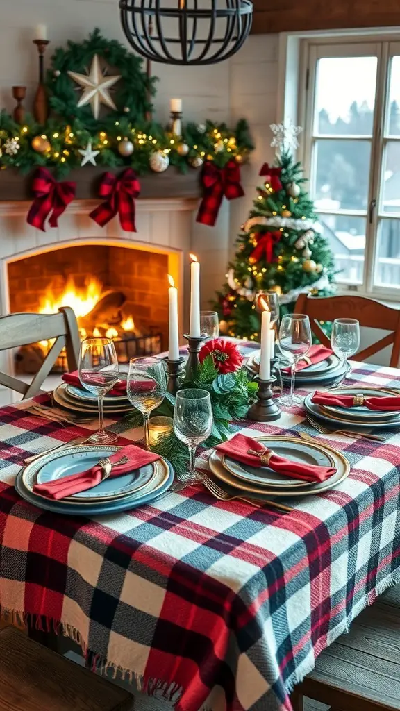 A cozy Christmas table setting in a cabin with a plaid tablecloth, elegant dinnerware, and a warm fireplace in the background.