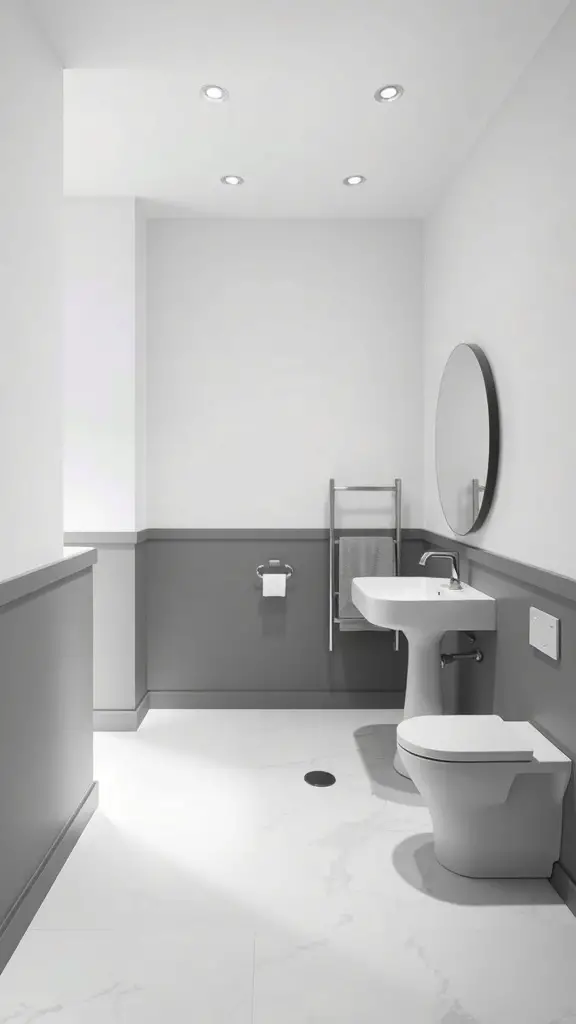27+ Stunning Two-Tone Wall Paint Ideas to Transform Your Bathroom 5 A modern bathroom featuring gray wainscoting and white walls, with sleek fixtures and marble-like flooring.