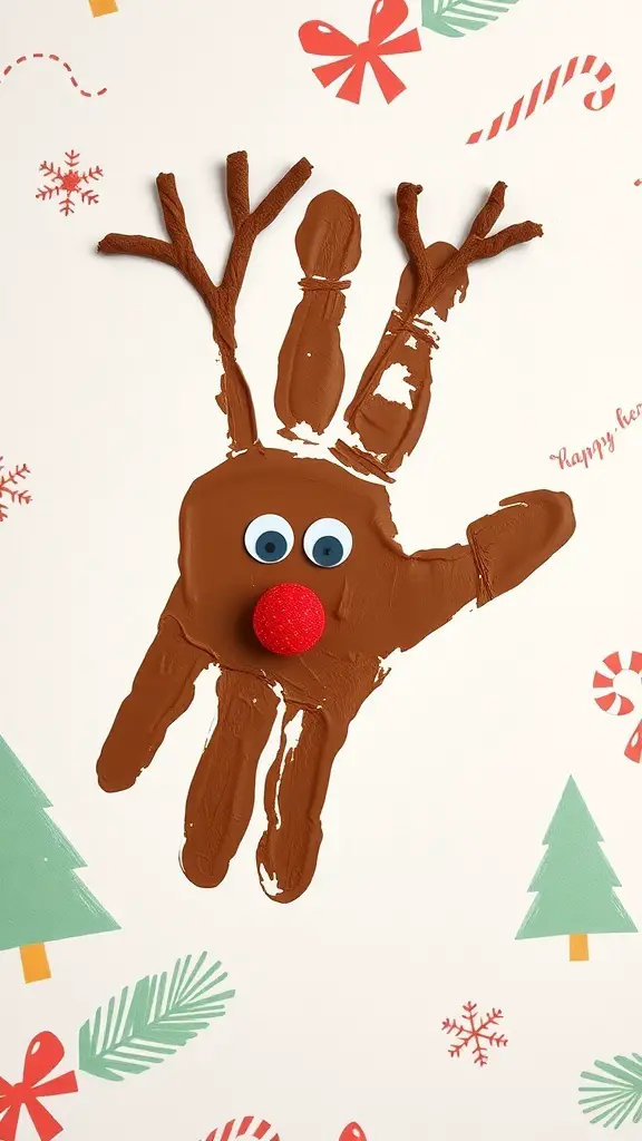 Handprint reindeer craft made with brown paint, googly eyes, and a red pom-pom