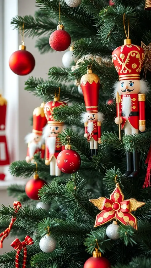 A Christmas tree decorated in a red and white nutcracker theme with ornaments and nutcracker figures.