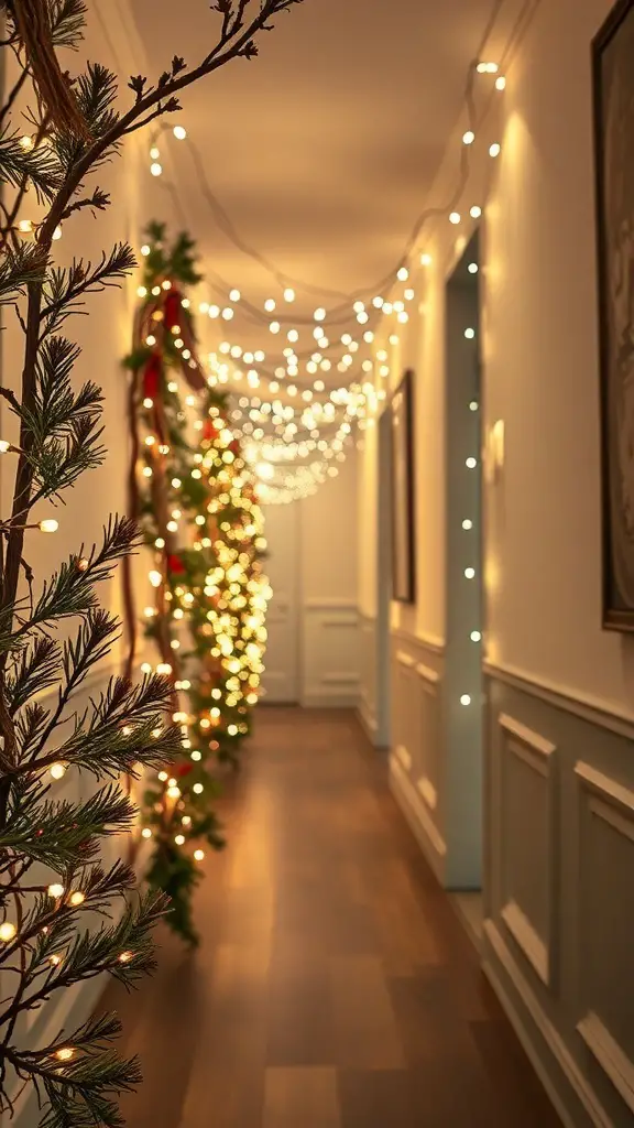 29+ Magical Hallway Christmas Light Ideas to Brighten Your Home 12 A hallway decorated with fairy lights and natural greenery for Christmas.