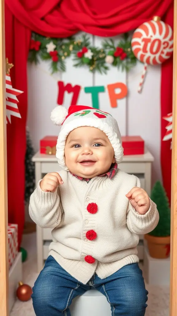 29+ Fun Christmas Activities for Babies to Celebrate the Holiday Season 12 A joyful baby in a festive photo booth with holiday decorations.