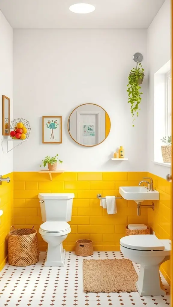 27+ Stunning Two-Tone Wall Paint Ideas to Transform Your Bathroom 8 A bright yellow and white bathroom with yellow tiles, white walls, and natural decor.