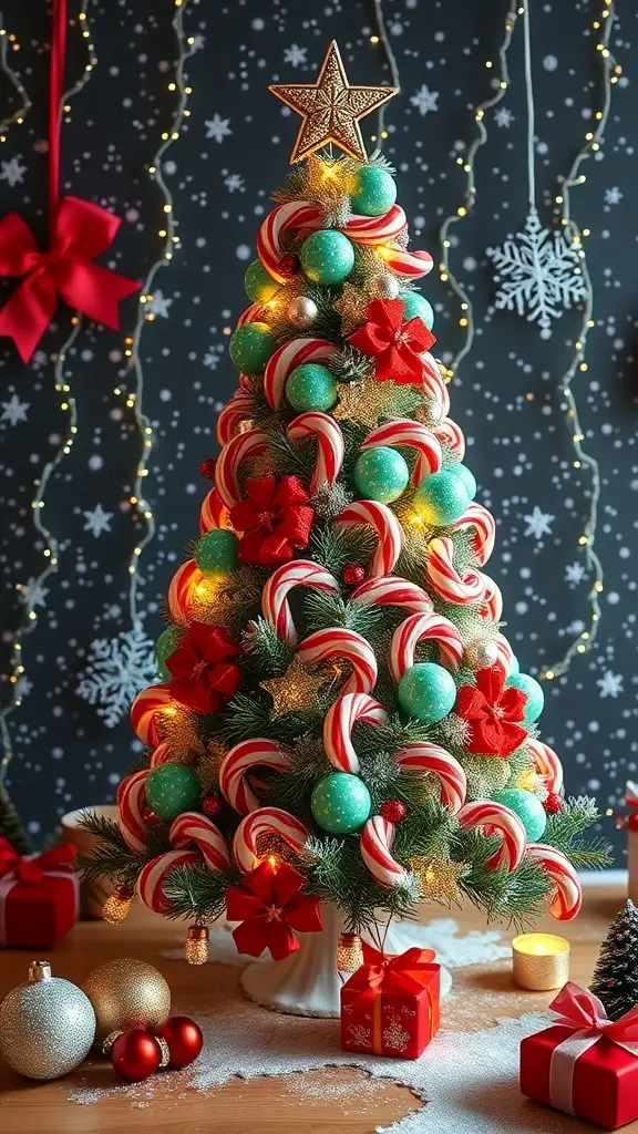 A creatively designed candy cane Christmas tree with red and white candy canes, colorful ornaments, and festive decorations.