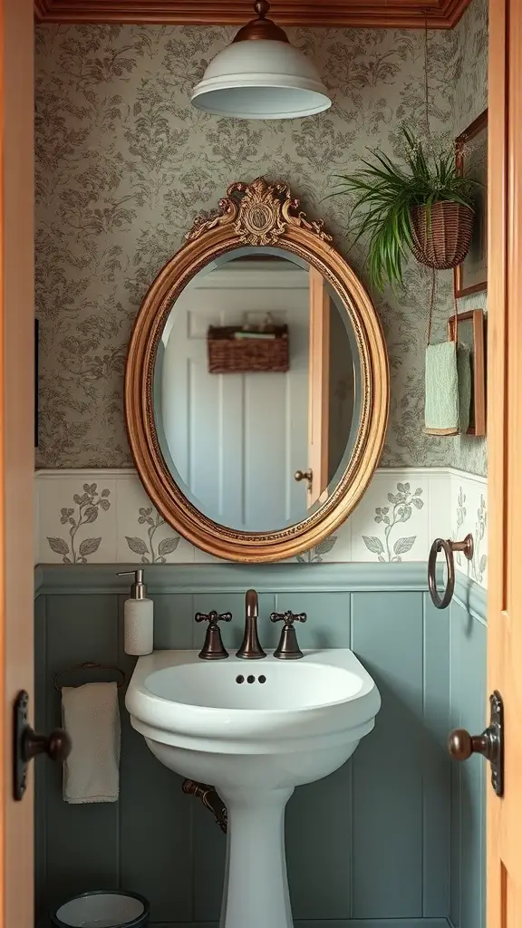 29+ Stylish Small Bathroom Mirror Ideas to Elevate Your Space 10 A small bathroom featuring an antique mirror with an ornate frame, a white sink, and floral wallpaper.