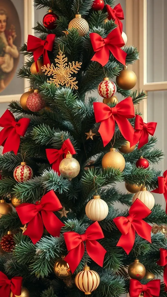 A beautifully decorated Christmas tree featuring vintage red bows, gold and white ornaments, and a classic festive look.