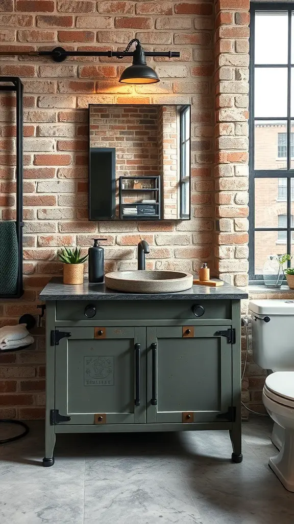 29+ Stunning Bathroom Vanity Ideas You’ll Love 13 A stylish industrial chic bathroom featuring a green vanity, exposed brick wall, and modern lighting.