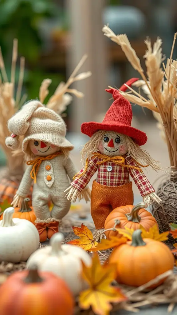 25+ Fun Thanksgiving Crafts for Kids to Make Together 11 Two cute miniature scarecrow figures surrounded by pumpkins and autumn leaves