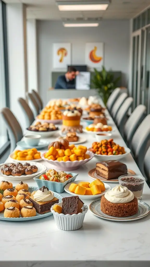 A long table filled with a variety of Thanksgiving desserts, including cakes, cookies, and fruits, in an office setting.