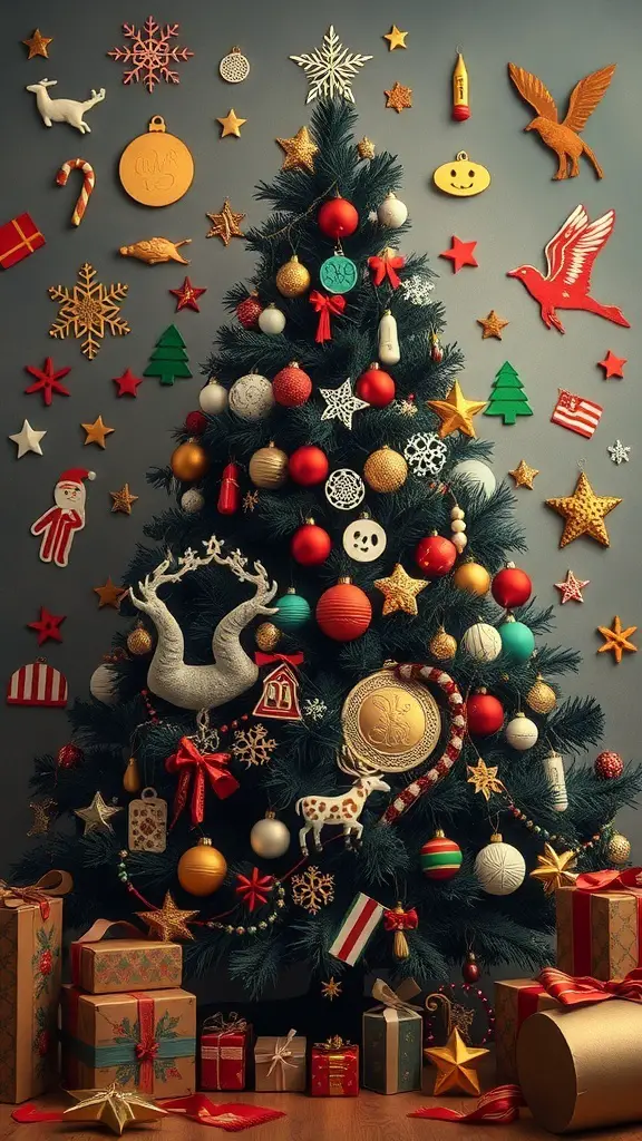 27+ Stunning Black Christmas Tree Ideas to Elevate Your Holiday Decor 15 A beautifully decorated black Christmas tree with colorful ornaments and gifts underneath.
