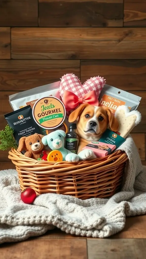 A cozy basket filled with pet treats, toys, and grooming products, perfect for pet lovers.