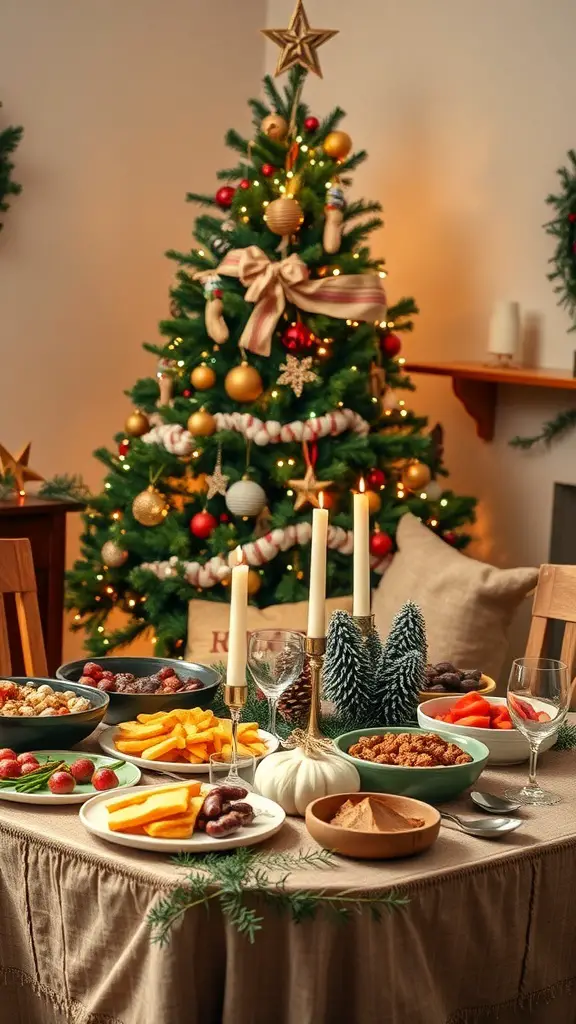 A festive table with seasonal foods in front of a decorated Christmas tree.