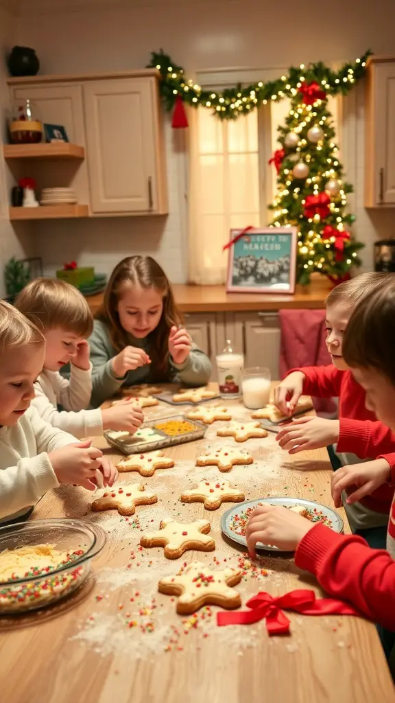 Children decorating Christmas cookies in a festive kitchen