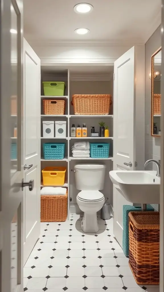 25+ Bathroom Closet Organization Ideas You’ll Love 10 Organized bathroom closet with color-coded baskets and bins
