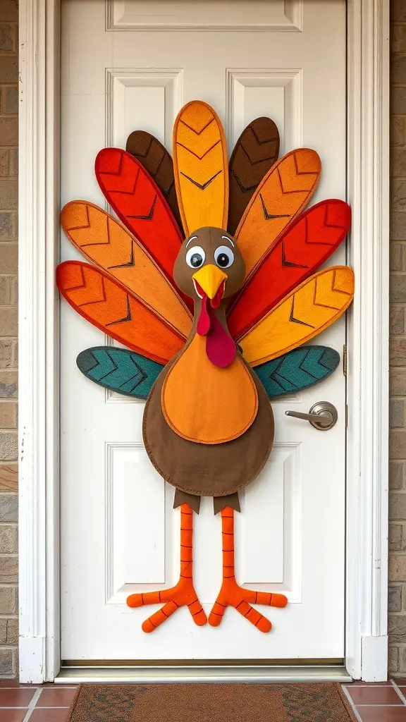 A whimsical turkey decoration with colorful feathers on a door.