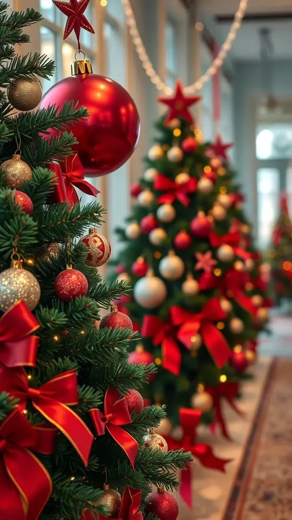 Christmas trees decorated with red and gold ornaments and bows
