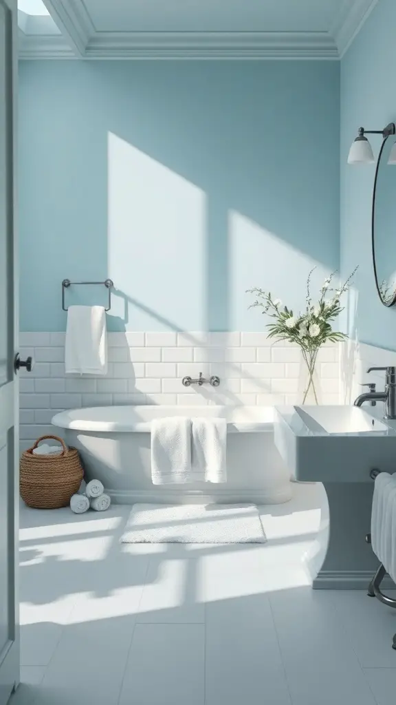 29+ Stunning Blue Bathroom Ideas You’ll Love 6 A bright bathroom featuring soft sky blue walls, a white bathtub, and natural light.