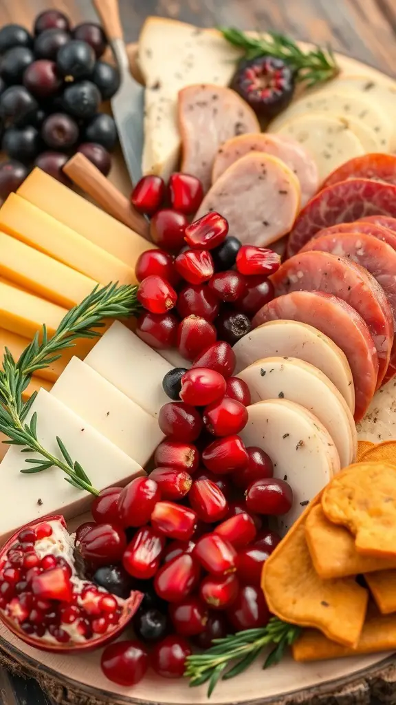 A colorful charcuterie board featuring cheeses, meats, and a variety of fruits including pomegranate seeds, grapes, and cranberries.
