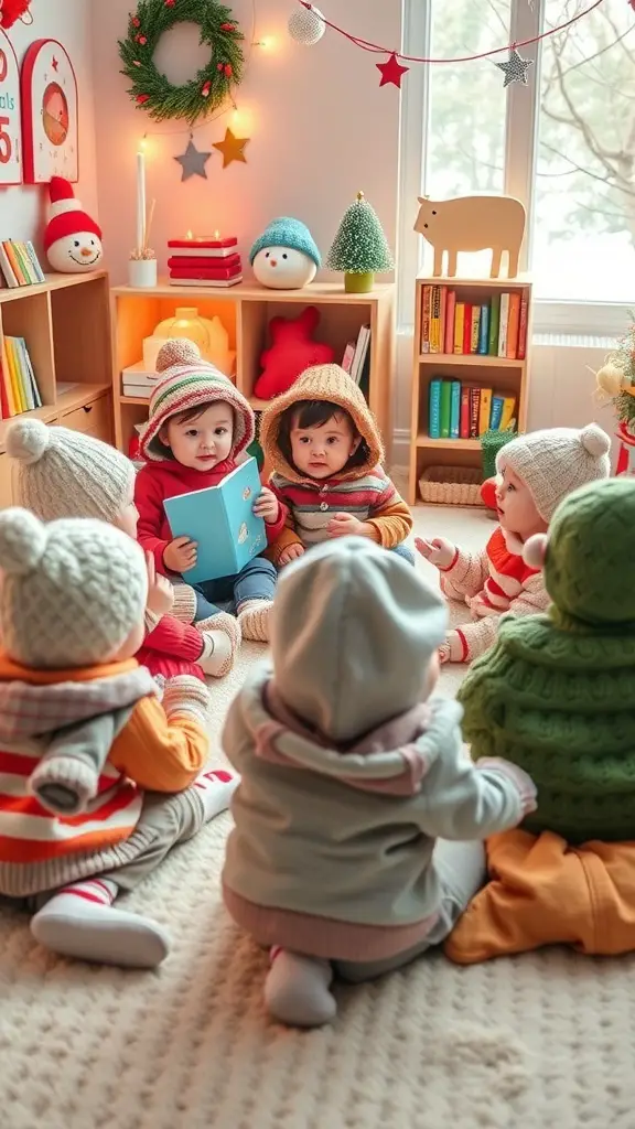 Toddlers sitting in a cozy room during winter storytime, dressed in colorful winter outfits, surrounded by decorations and books.