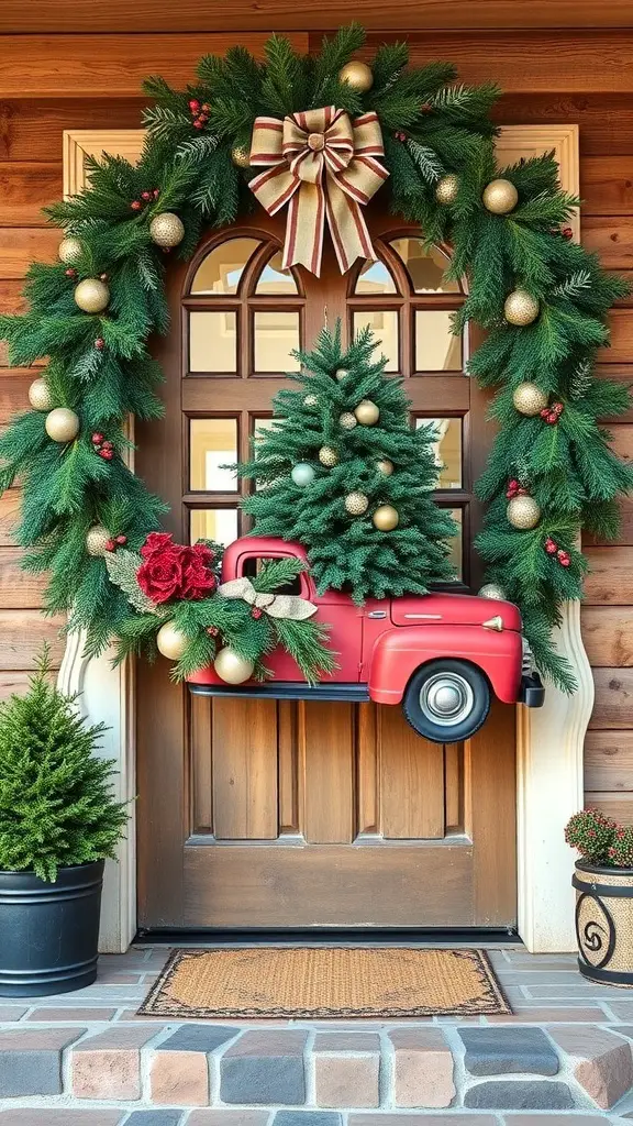 25+ Festive Christmas Swags Ideas for Your Front Door 13 Farmhouse style red truck swag on a front door with greenery, ornaments, and a bow