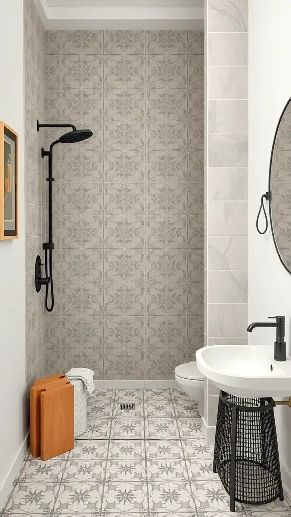 27+ Stunning Shower Tile Ideas to Transform Your Bathroom 16 Shower with patterned cement tiles on the wall and floor, featuring a modern design.