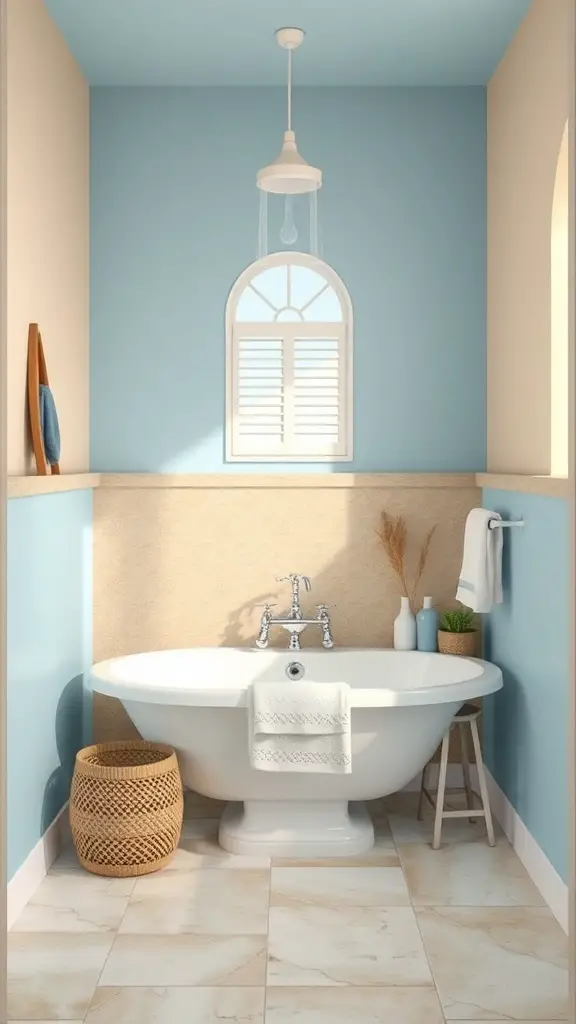 27+ Stunning Two-Tone Wall Paint Ideas to Transform Your Bathroom 13 A bathroom featuring cool blue walls and sandy beige accents, with a stylish bathtub and natural decor.
