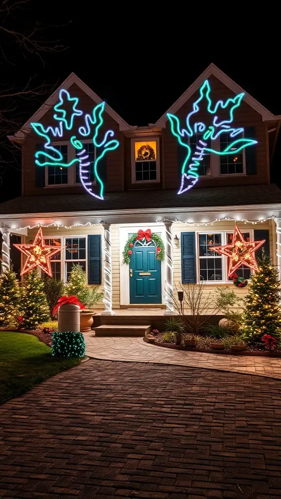 A house decorated with colorful Christmas light projectors, featuring animated designs on the exterior.