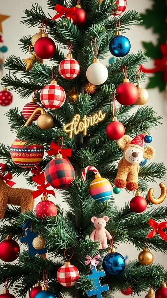 Children's Buffalo Plaid Christmas Tree decorated with colorful ornaments and soft toys