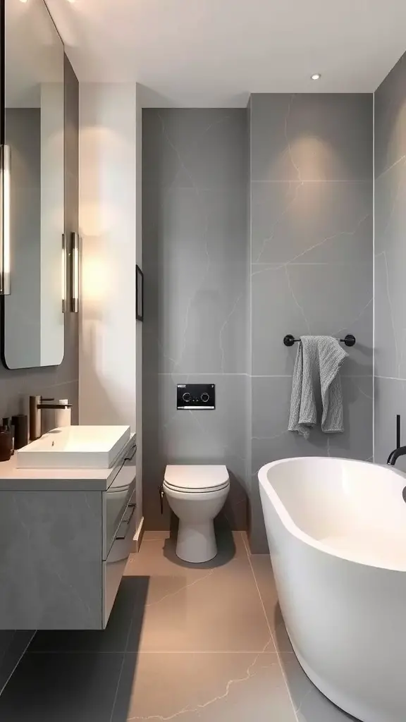 23+ Chic Neutral Toned Bathroom Ideas for a Serene Space 9 A modern bathroom featuring a gray and white color scheme with minimalist design.