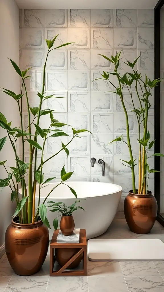 27+ Creative Plant Display Ideas to Transform Your Bathroom 5 A modern bathroom featuring bamboo plants in stylish pots next to a white bathtub.