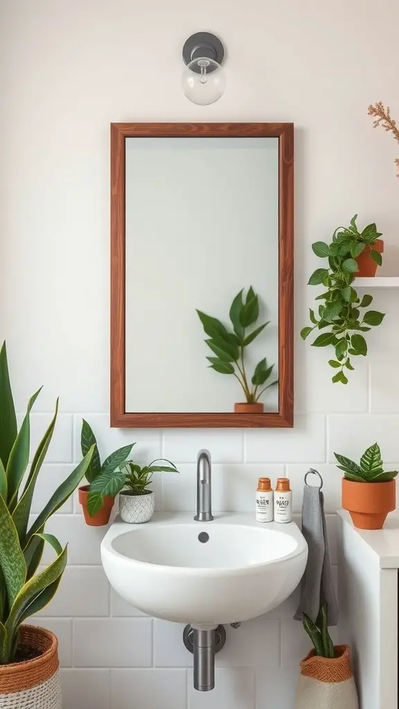 29+ Stylish Small Bathroom Mirror Ideas to Elevate Your Space 4 A small bathroom featuring a nature-inspired wooden frame mirror, plants, and a modern sink.