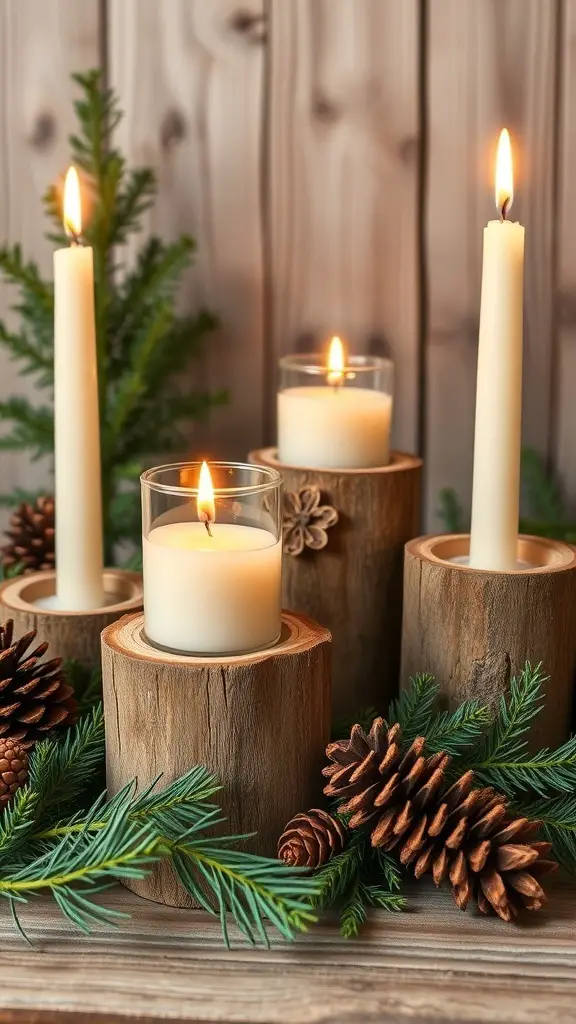 Rustic candle holders made from wood with candles and pinecones