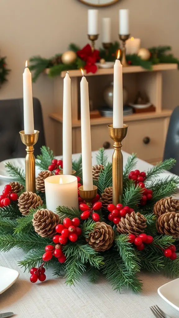A festive dining table centerpiece with candles, pinecones, and red berries.