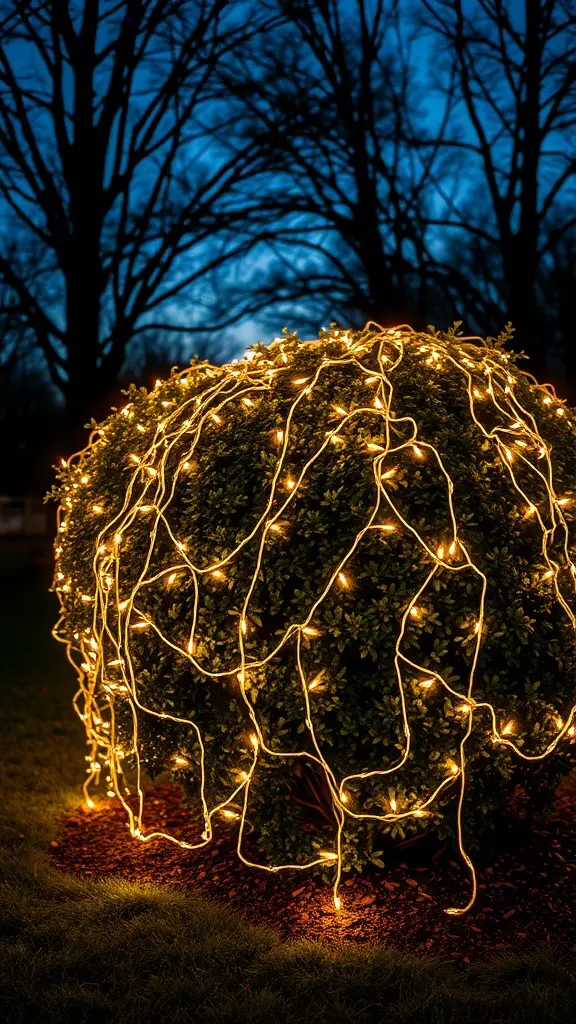 A bush covered in warm white net lights, glowing against a dark evening sky.