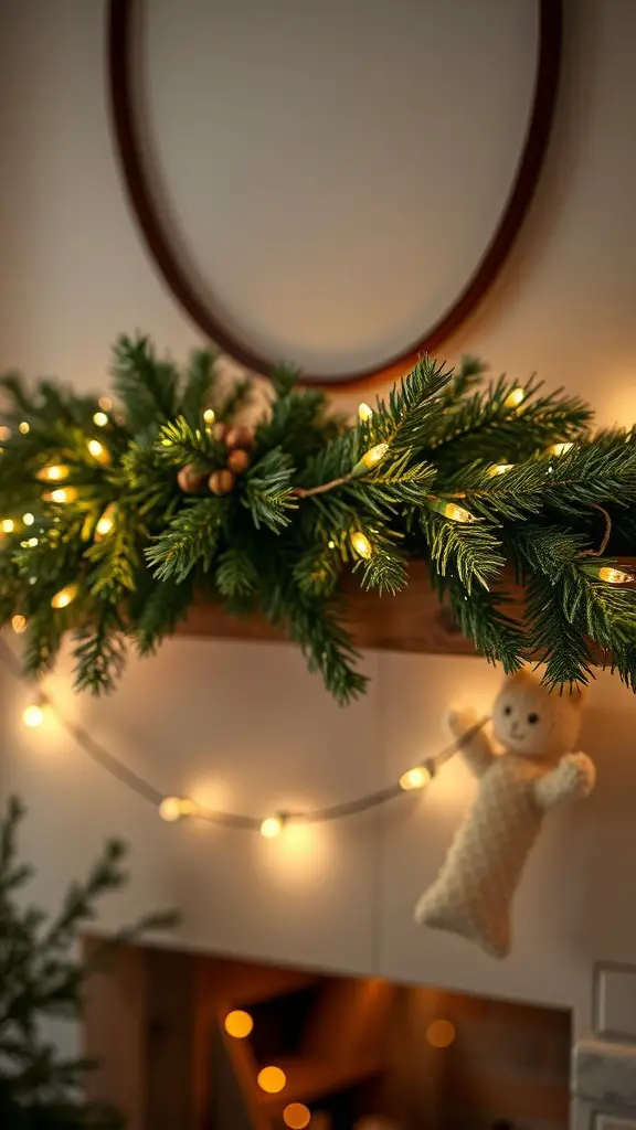 A natural wood garland with greenery and lights on a mantel