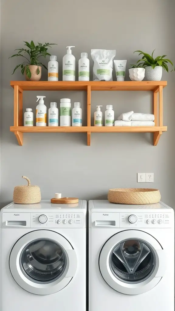 27+ Creative Over Washer and Dryer Shelf Ideas for a Stylish Laundry Room 15 Bamboo shelf above a washer and dryer with eco-friendly cleaning products and plants