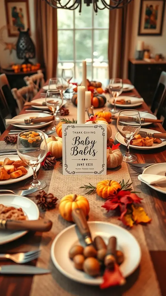 Thanksgiving dinner table with a sign announcing a baby, decorated with pumpkins and autumn leaves.