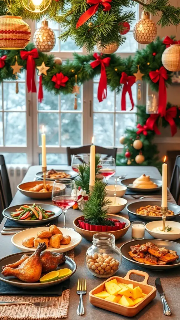 A festive Christmas dinner table setting with various dishes and decorations.