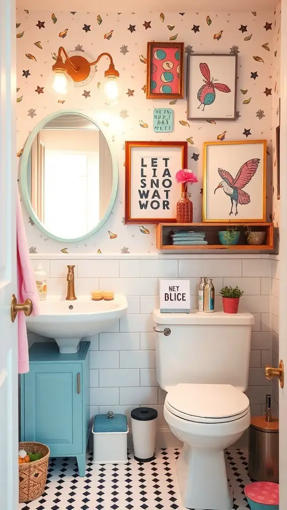 29+ Stunning Powder Room Ideas to Elevate Your Space 12 A colorful and whimsical powder room with playful wallpaper, framed art, and a bright blue cabinet.