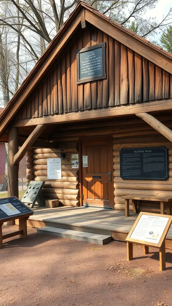 29+ Cozy Cabin Trip Ideas for Your Perfect Getaway 16 A historical log cabin with a wooden exterior and informational plaques