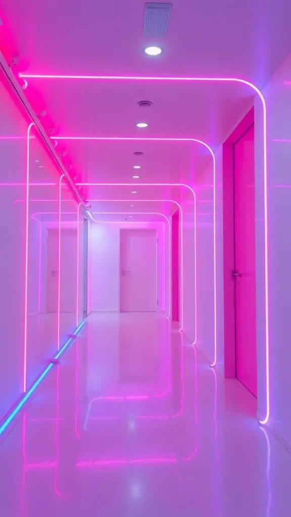 29+ Magical Hallway Christmas Light Ideas to Brighten Your Home 6 A modern hallway illuminated with pink and blue LED strip lights.