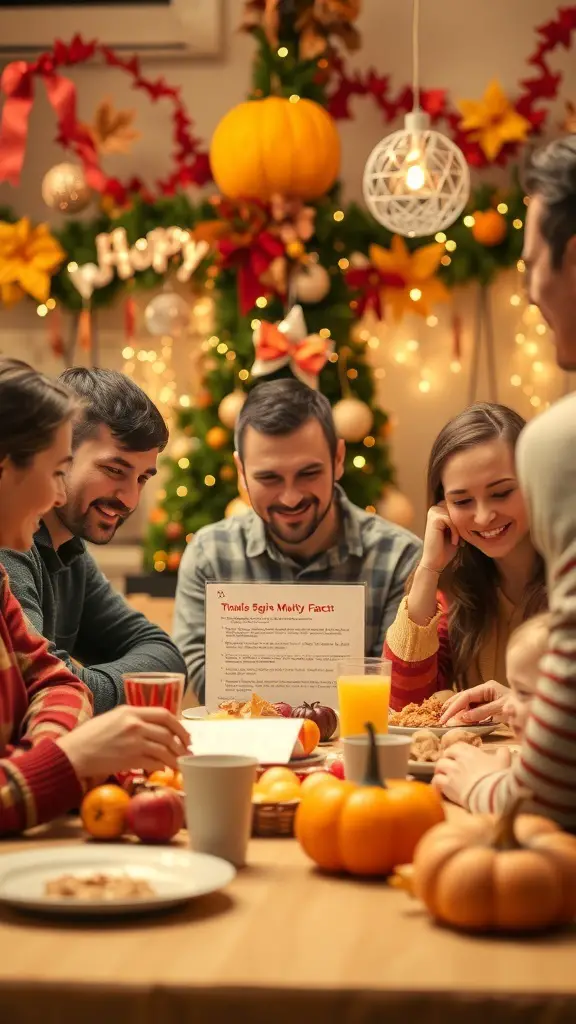 A family enjoying a Thanksgiving gathering with trivia questions about turkeys.