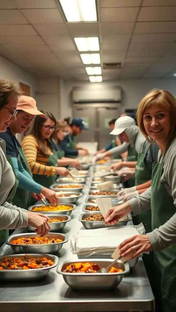 Volunteers preparing meals in a kitchen for Thanksgiving.
