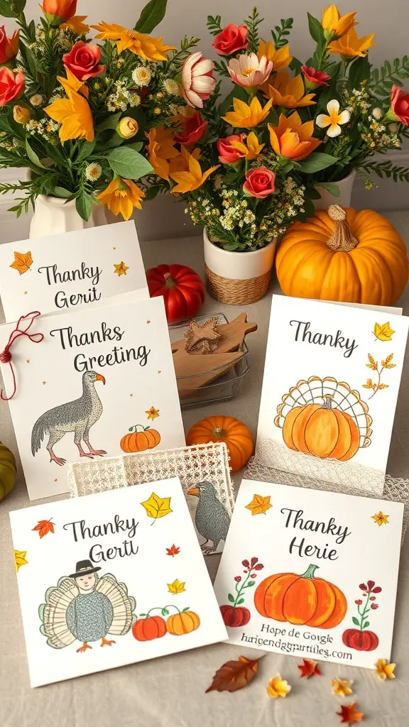 27+ Creative Thanksgiving Crafts for Preschoolers 11 A collection of Thanksgiving greeting cards with colorful designs featuring turkeys and pumpkins, surrounded by autumn decorations.
