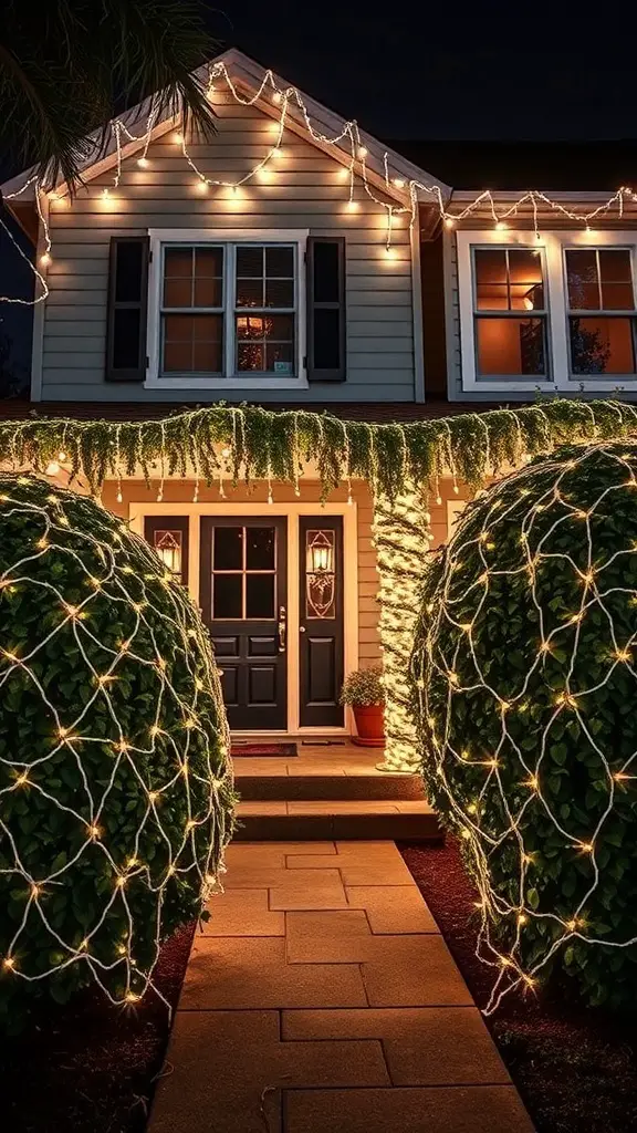 A house decorated with net lights around bushes and along the roof, creating a warm and inviting holiday atmosphere.